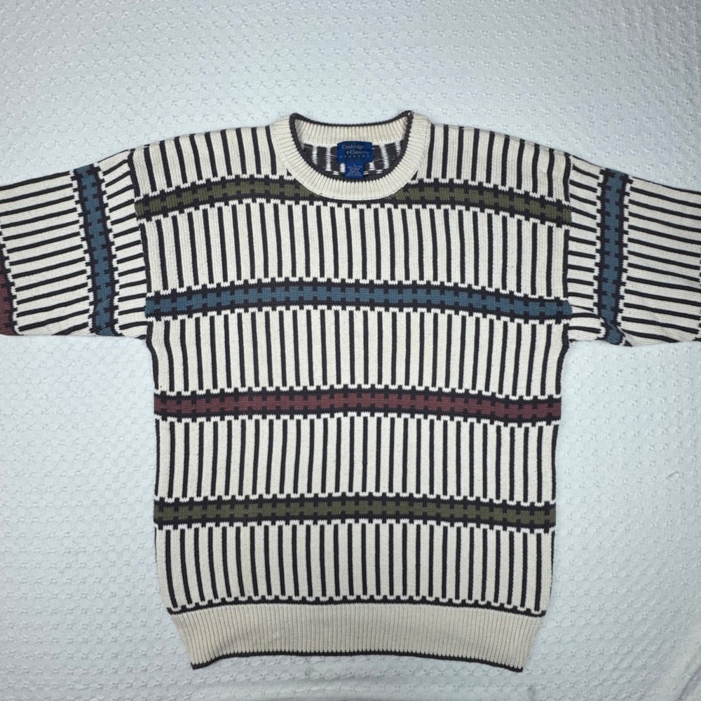 Vintage 90s Cambridge Classics Men Large Knit Sweater Retro Stripe Ribbed Cotton - Picture 7 of 7